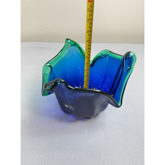 Vintage Italian Murano Style Art Glass Bowl, Cobalt Blue, Green Crest Edge 8" - Picture 15 of 15